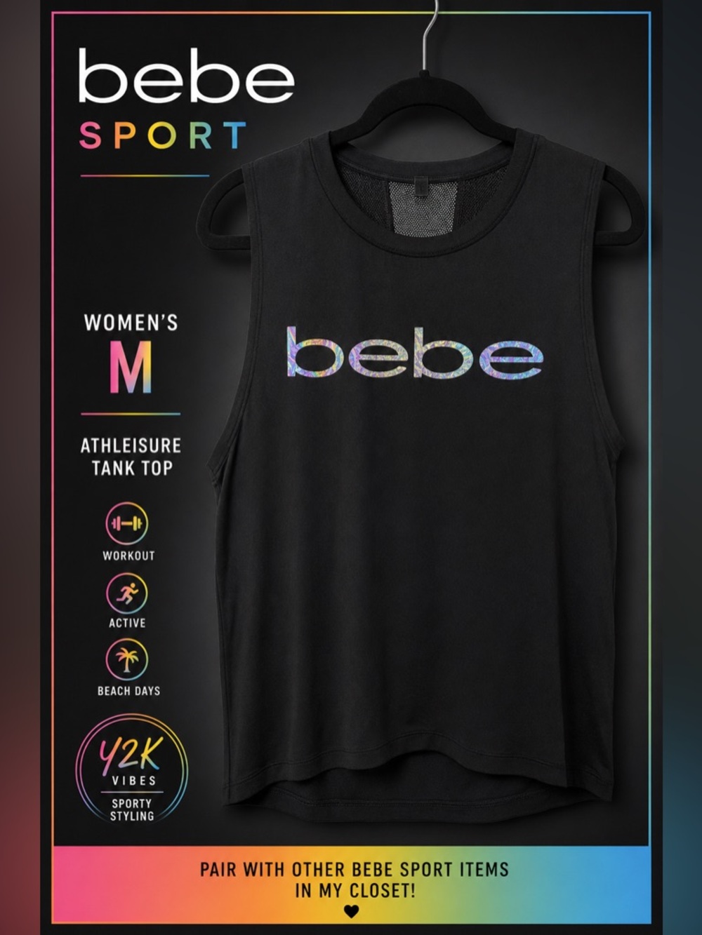 bebe Sport Iridescent Logo Muscle Tank Top Black Mesh Back Women’s Medium Y2K